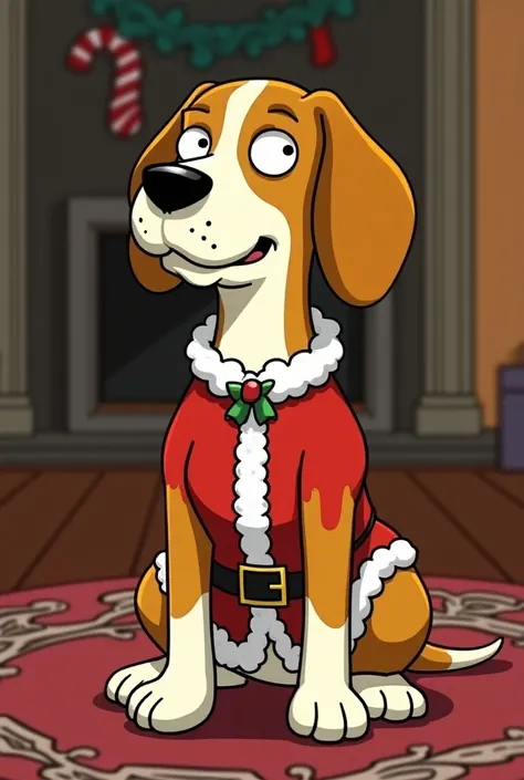 Create a beagle dog that is an alpha male 
, that is sitting,  from The Simpsons,  Christmas dress 