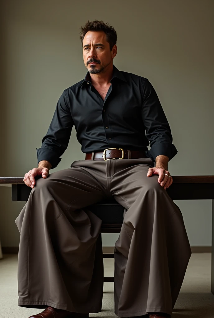  Robert Downey Junior wearing a black dress shirt ,  wearing very wide and wide dark brown dress pants, very spacious pants , balloon type ,  with a social belt and with Calvin Klein briefs showing his pants, sitting with the right leg crossed on top of th...