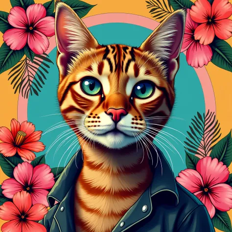 Create digital artwork in the Pop Art style, Featuring a vibrant and confident cat，street fashion, Movie color scheme, Surrounded by vintage flower motifs, Vibrant brushstrokes,Emotions should be dynamic, Upper body, Drawing, illustration, escala cinza, tr...