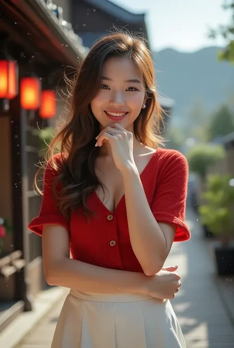 A young beautiful Taiwanese woman, idol about 26 years old, beautiful eyes, beautiful face, light brown long hair, slender figure, proportionate chest, wearing a red short-sleeved knitted shirt, unbuttoned in the front, a short white skirt. She is standing...