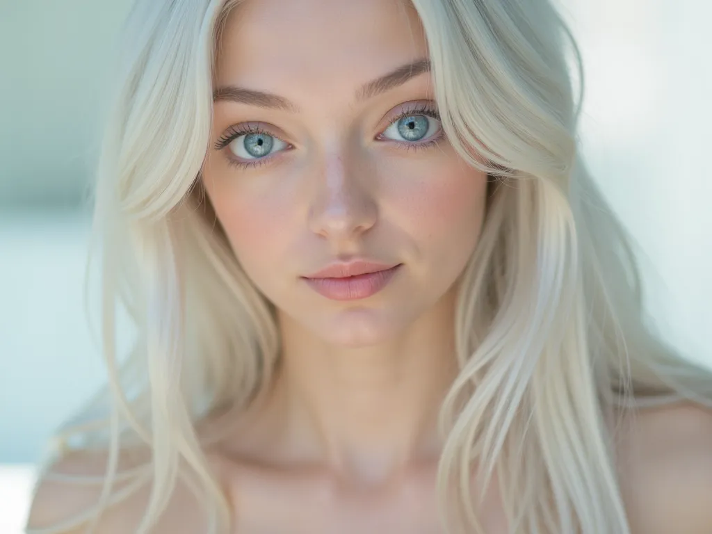 a close-up of a beautiful young woman with long, light white-like hair that flows down her back, softly framing her face. her sk...