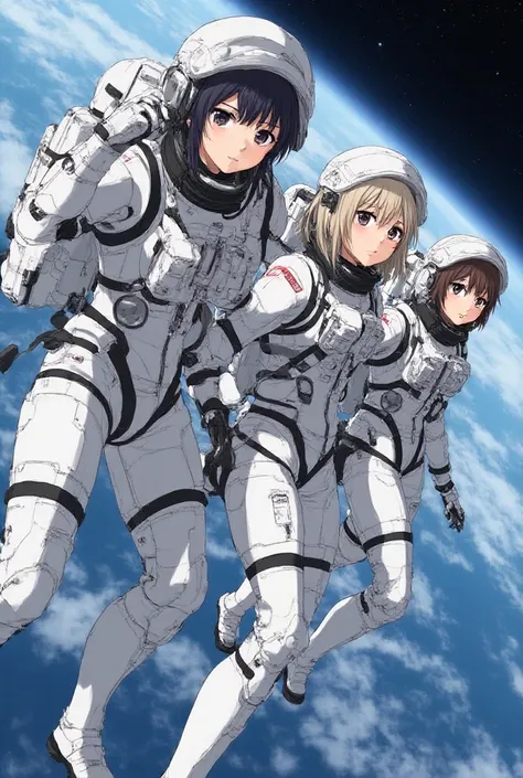 masterpiece:1.4, masterpiece, Highest quality, high resolution, newest, 2girls, friends, (group shot):5, (upper body):5, kyoto animation style, detailed, BREAK space station interior, zero gravity environment, floating, BREAK (white and black mechanical sp...