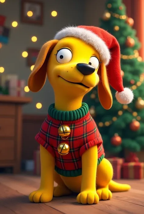 Create a beagle dog that looks like a yellow alpha male from the Simpsons ,  Christmas dress 