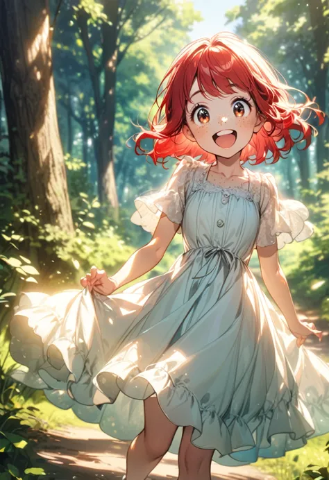 young girl(red hair, freckles, big eyes,), dress, happy, sunny, outdoors, forest