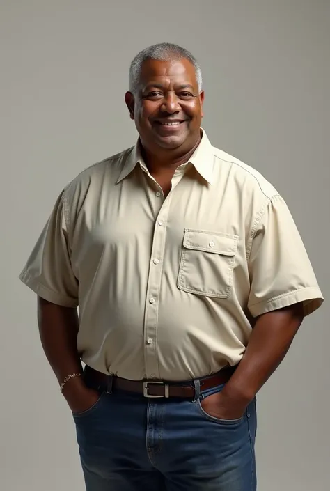 A Black American man in his late 50s with a stocky build and graying hair close-cropped to his head. Dressed in a slightly worn button-up shirt and jeans, he’s standing confidently and he smile