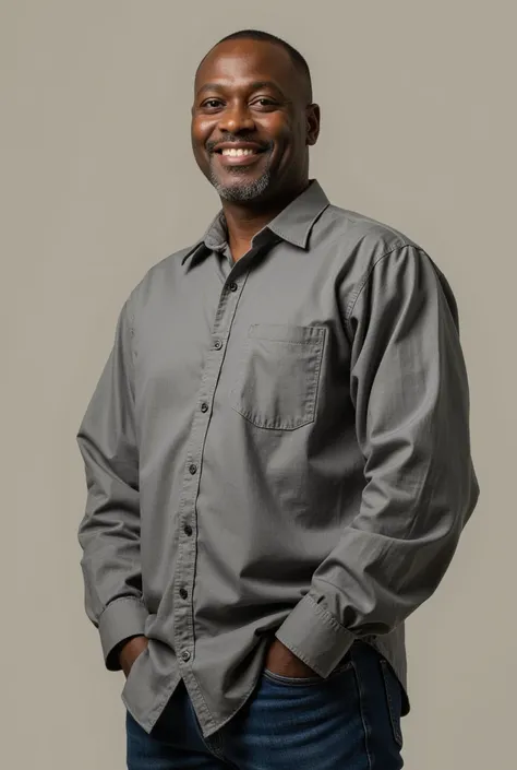 A Black American man in his late 50s with a stocky build and graying hair close-cropped to his head. Dressed in a slightly worn button-up shirt and jeans, he’s standing confidently and he smile