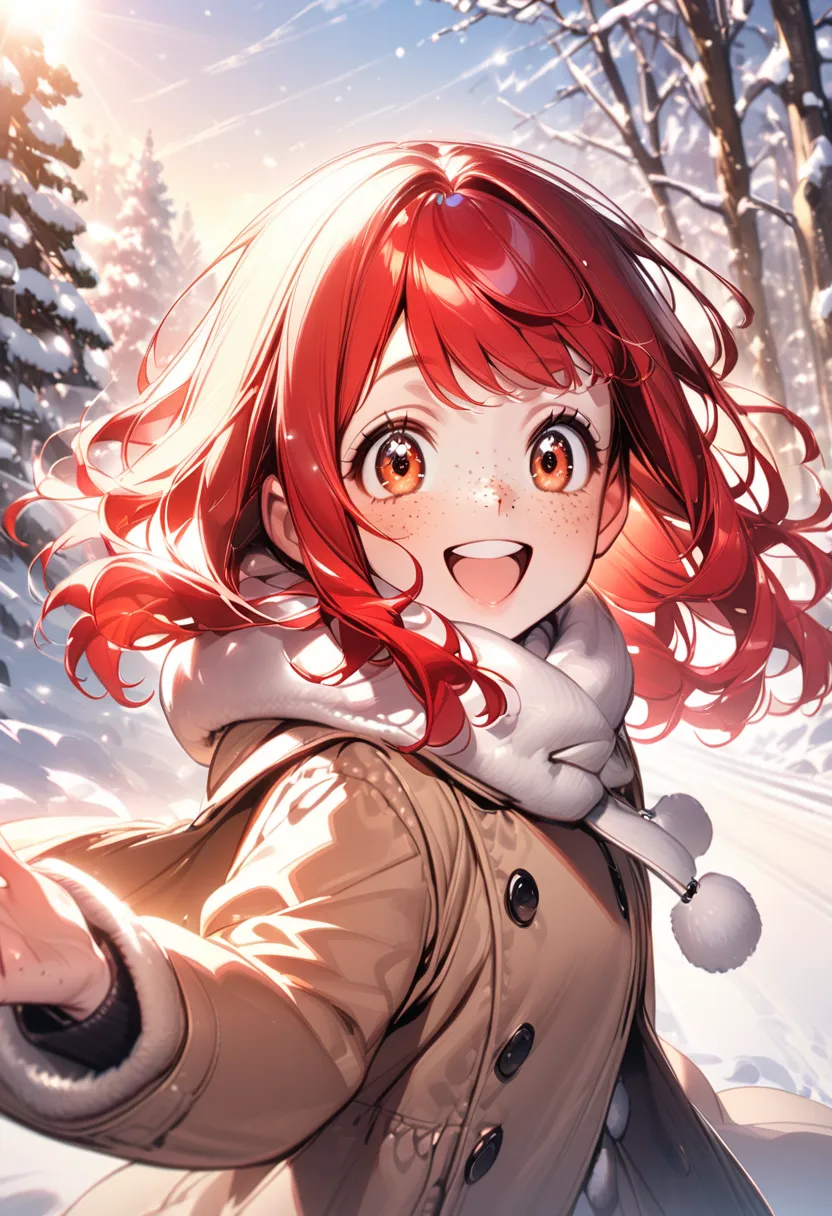 young girl(red hair, freckles, big eyes,), coat, happy, sunny, outdoors, winter., snow