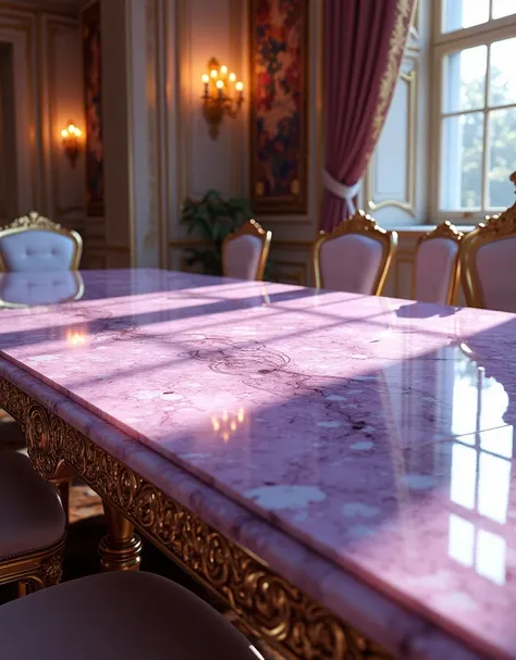 Create a realistic masterpiece luxury royal interior house  dining table with chairs light purple glossy marble