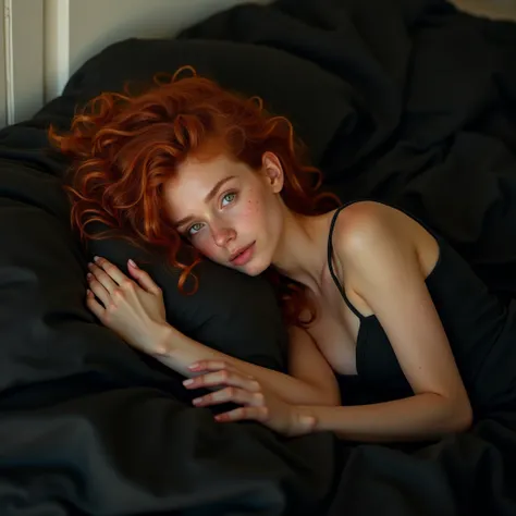  a 24-year-old girl ,  with coppery red hair and defined curls ,  she rests on a fluffy black bed .  Wrapped in soft two-piece pajamas of the same color ,  her figure is lost between the wrinkled sheets ,  creating an atmosphere of tranquility and rest .  ...