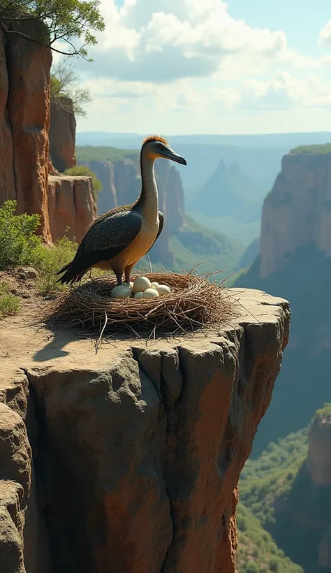 A Pterodactyl nest on a rocky ledge, with eggs visible and a parent standing protectively nearby. The scene captures a vivid prehistoric environment with a wide canyon below.