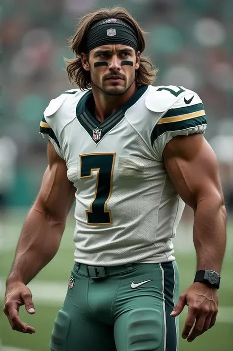  Backward photo of a physically good football player with a number 7 physique. Let it be a football player with slightly long hair wearing a bandana 