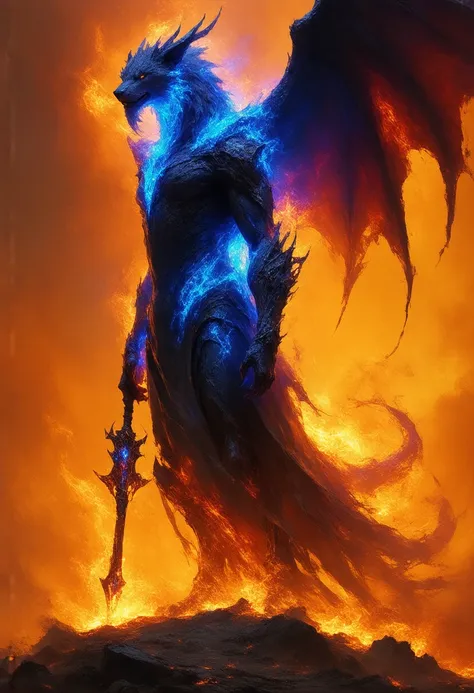 A towering, ethereal being of writhing blue flames, its form shifting like a living inferno, wields a mystical, glowing battle axe that crackles with arcane energy. The flames that comprise its body dance and swirl, as if fueled by an inner fury, casting f...