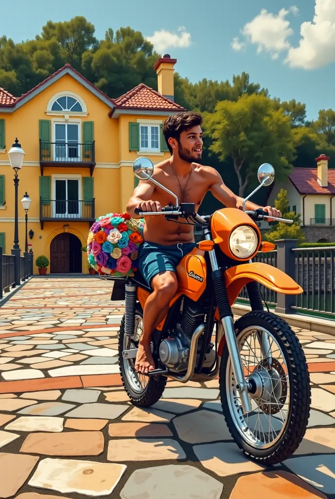 full body view form the side 1 man naked ridding an orange color motorcycle on a bridge, carring multicolor flower basquet and s...