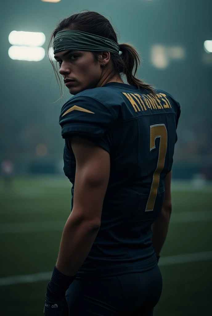 Backward photo of football player number 7, half bright, half dark .  Let it be a football player with slightly long hair wearing a bandana, but let American football be different and definitely turned back

