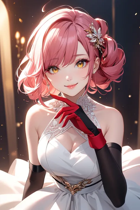 a formal portrait of a singular character, a young woman with striking pink hair styled with bangs and an ahoge. she is wearing ...