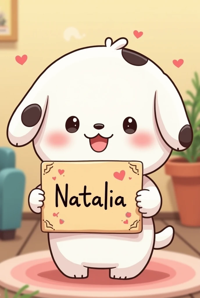 Pochacco with a sign that says NATALIA 