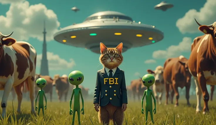 little green martians, very detailed eyrs martian,long haired dark brown tabby cat dressed as FBI agent,cows,UFO,4k,8k,highres,masterpiece:1.2,ultra-detailed,realistic,photorealistic,photo-realistic:1.37,HDR,UHD,studio lighting,ultra-fine painting,sharp fo...