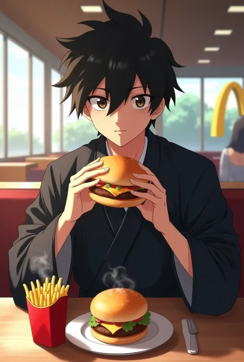 Tanjiro is sitting eating some food from McDonalds