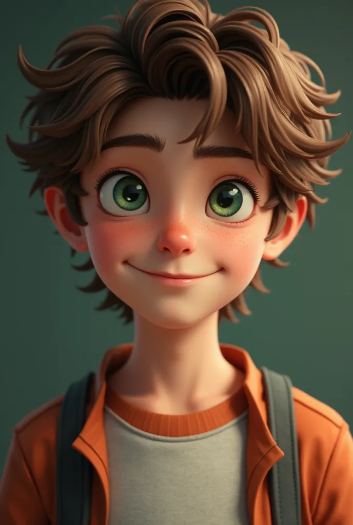 realistic white boy with brown hair and green eyes