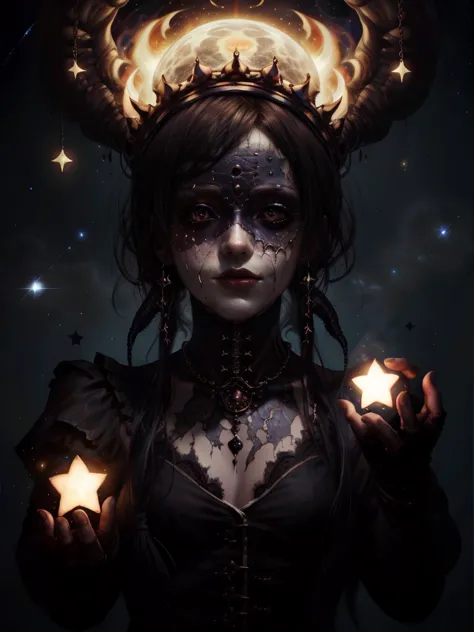 lump of darkness, a cosmic art, abstract lovecraftian artstyle, abyss a woman with stars all over her face, marc brunet, black b...