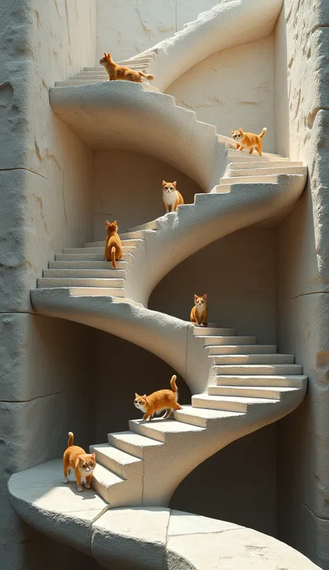 Penrose stairs made of very realistic stone, with cute cats happily walking on them, simple background