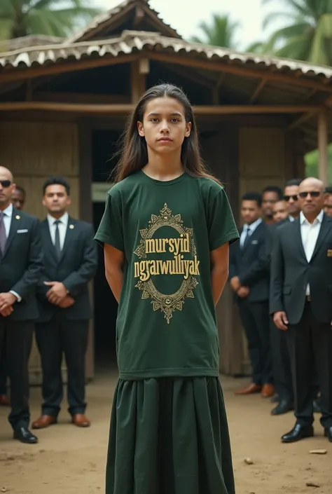 make a picture of a handsome long-haired teenage ustadz chomping black shabby dirty shabby dark green t-shirt texted Mursyid Ngawuliyak gold cool font bold clear true undercut long fabric long fabric dirty shabby batik motif both hands grasping backwards s...