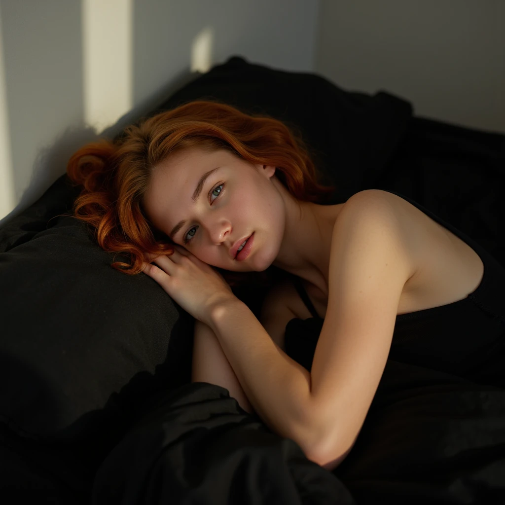  a 24-year-old girl ,  with coppery red hair and defined curls ,  she rests on a fluffy black bed .  Wrapped in soft two-piece pajamas of the same color ,  her figure is lost between the wrinkled sheets ,  creating an atmosphere of tranquility and rest .  ...