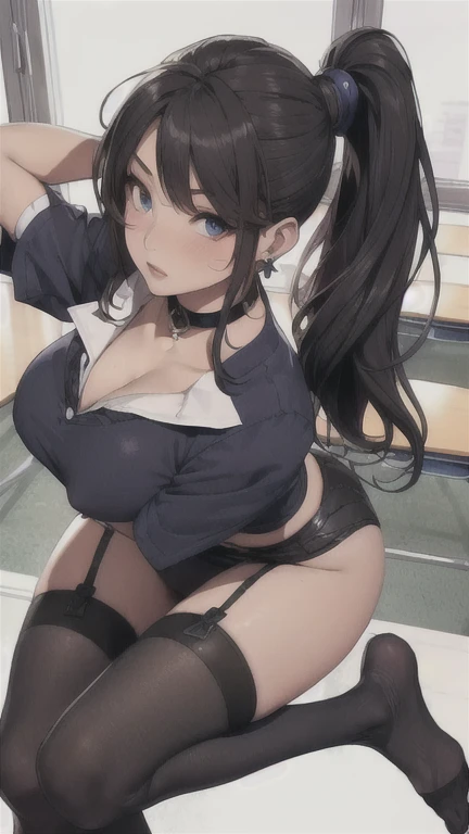 ((Correct Anatomy))、(Female student)、((school uniform))、((Short sleeve))、(Mini Pleated Skirt),(((Black Stockings))),((garter belt)),((School classroom)),Ultra-high resolution,Mature Woman, Mature Woman, Very detailed,Sunburned skin,Brown Skin, (Big Breasts...