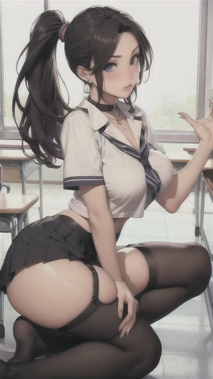 ((Correct Anatomy))、(Female student)、((school uniform))、((Short sleeve))、(Mini Pleated Skirt),(((Black Stockings))),((garter belt)),((School classroom)),Ultra-high resolution,Mature Woman, Mature Woman, Very detailed,Sunburned skin,Brown Skin, (Big Breasts...