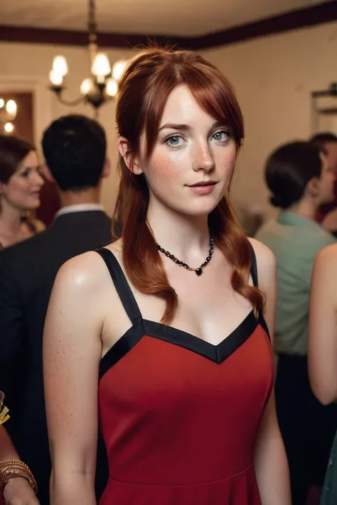 Distant shot. mid 20s female with shoulder length auburn hair in a ponytail, candid expression, wearing a red A-lined dress with black trim, stands in a casual pose at a house party, talking to party goers. Detailed freckles. Best quality. Captivating atmo...