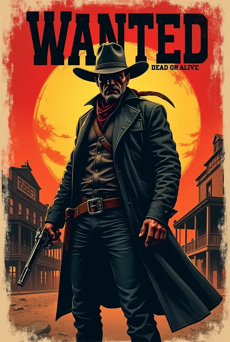 A dynamic Western-themed poster featuring a rugged bounty hunter in a stylized sketchy art style. The bounty hunter is dressed in dark clothing, a wide-brimmed cowboy hat, and a bandana on his neck, his face visible, gripping a revolver in one hand. The ba...