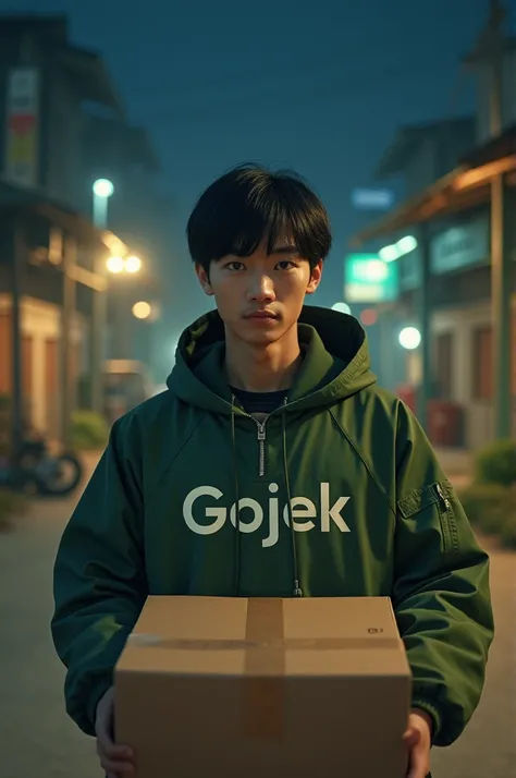 Japanese man, 20 years old,Wearing an army green parka jacket with (Gojek) written on it, carrying a package box,Front view looking at the camera, background of a simple Simple houses in the village typical of Indonesia,Night atmosphere,Very realistic, fin...