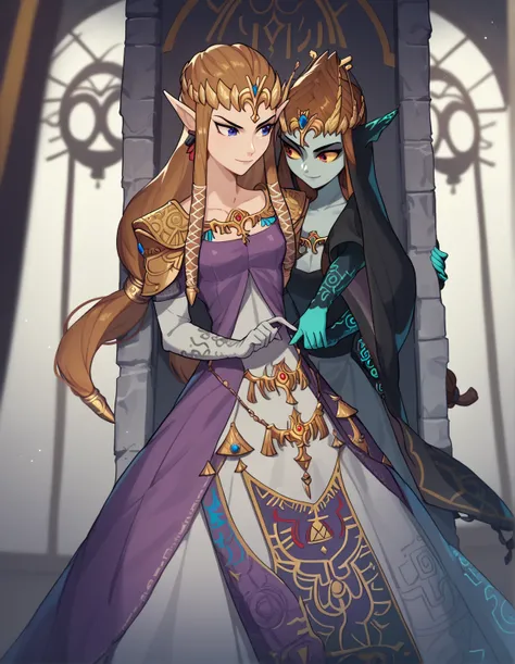 score_9, score_8_up, score_7_up, score_8, score_7, 1girl, tpzlda, dress, A highly detailed and realistic illustration of Princess Zelda from The Legend of Zelda: Twilight Princess, with Midna in control of her body. Princess Zelda is wearing her iconic Twi...