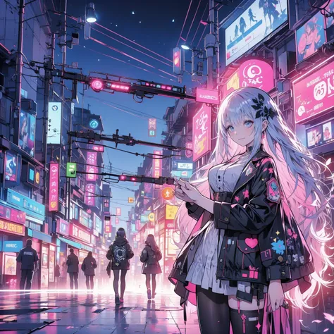 A futuristic female protagonist named EVE wielding the Stellar Blade, a weapon crackling with electric energy, in a high-tech cyberpunk cityscape. Intricate details, vivid neon lights, by Simon Stålenhag, trending on ArtStation.