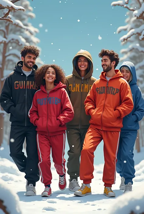 generate a picture with snowfall with picture people on it wearing black red brown blue track suits an smiling tracksuit having gurus clothing written on it