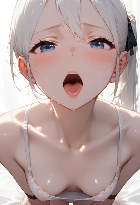   Close-up of the whole body，White-haired girl  ， My mouth was sealed  ，  Look at the lens  ， shy expression  ，BREAK Rating    _What it looked like while eating    , Top view，Wide Angle，   delicate face   ，   white short top  ，Upper chest，   My whole body ...