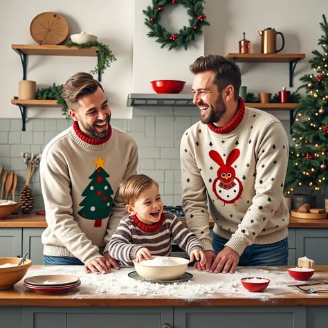 family consisting of a gay couple and their  son as they cook and play by throwing flour at each other at Christmas 