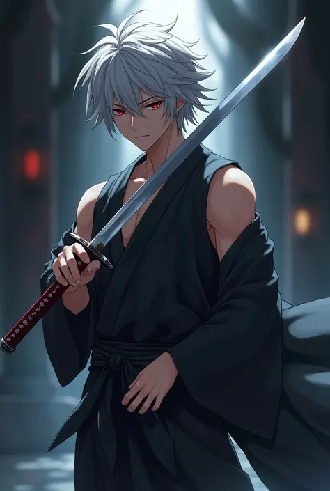 A male anime character that has gray hair, red eyes, holding a katana