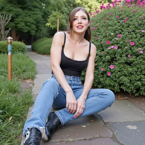 Chrissy sitting on garden wearing a high rise tight blue jeans and a black tank top with visible cleavage, she has a ponytail hairstyle and with a slight smile on her face.