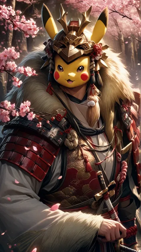  A character inspired by Pikachu , stylized as a samurai ,  wearing traditional Japanese armor and holding a katana .  He is in a forest setting with blossoming cherry trees,  petals gently falling around . The style is realistic,  with precise details on ...