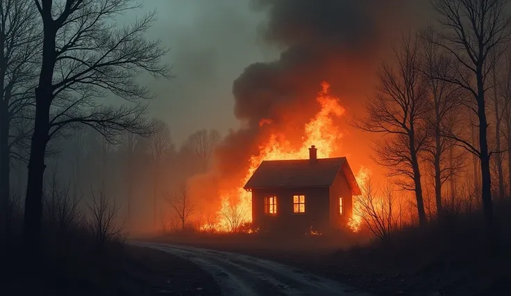 The house, once nestled in the quiet woods, is now engulfed in flames. The fire casts an intense orange glow, stark against the surrounding charred trees. The forest around it is already blackened from the fire’s reach, and the smoke rises into a dark, ove...