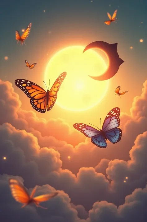 Sun with butterflies and moon with bat 