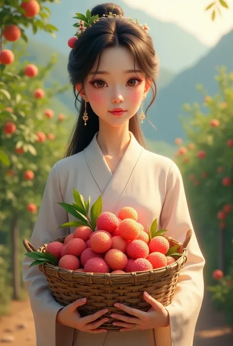 Woman holding a basket of Lychee 