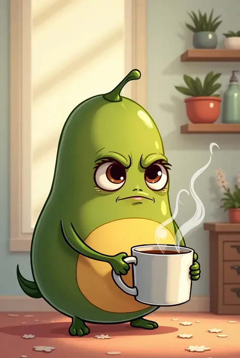 A Ennepa bean, Drinking from a mug very early in the morning looking annoyed to be awake so early . In toon style