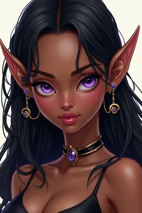  Create an image of a young Elf woman ( SHOWING ONLY FROM THE LAP UP ), black skinned ( but not too dark ) with long hair, plain white ,  striking almond-shaped and violet eyes ,   natural thick pink lips ,  natural pink cheeks . with earrings.  With arm b...