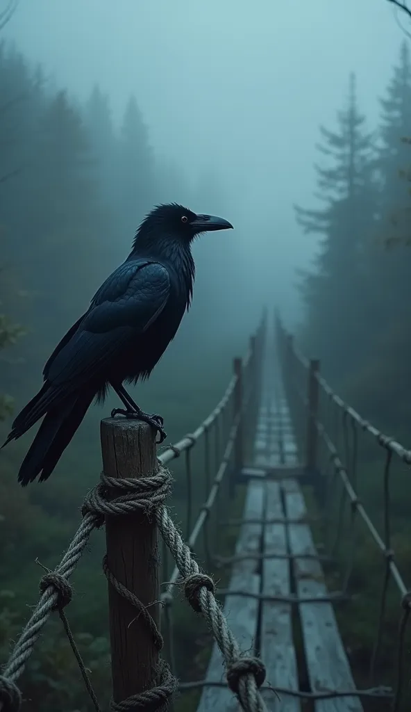 raven resting on the rope of an old rope bridge. at night, foggy, focus on raven, 