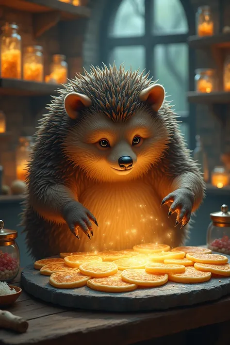 A hedgehog-bear hybrid flipping enchanted pancakes on a glowing stone griddle, surrounded by rustic shelves and glowing jars.