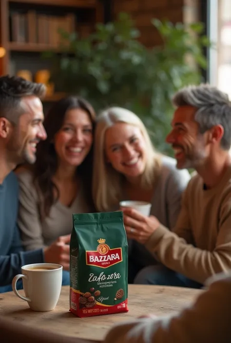  generate a coffee ad that appeals to Maslows need to belong , have a group of people on them and a package of coffee with the inscription “BAZZARA” on them. LET FACES NOT BE DISTORTED  