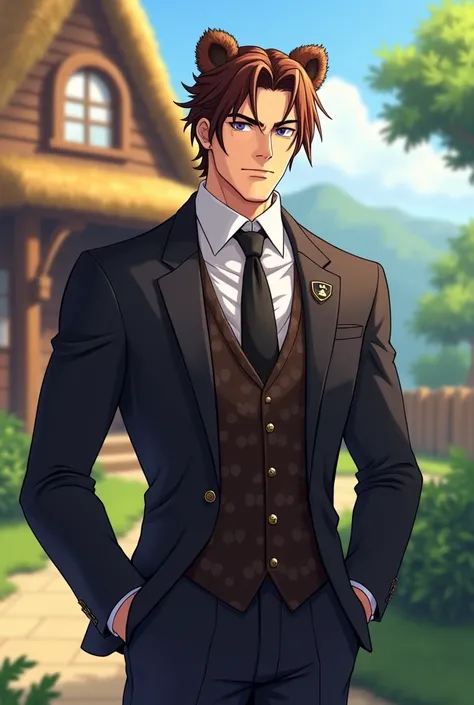 (anime 1:1) Handsome man with brown hair wearing an elegant suit, bear ears, muscular, cottage background