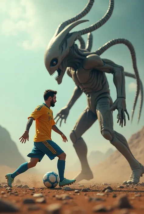 Generate Messi fighting an alien